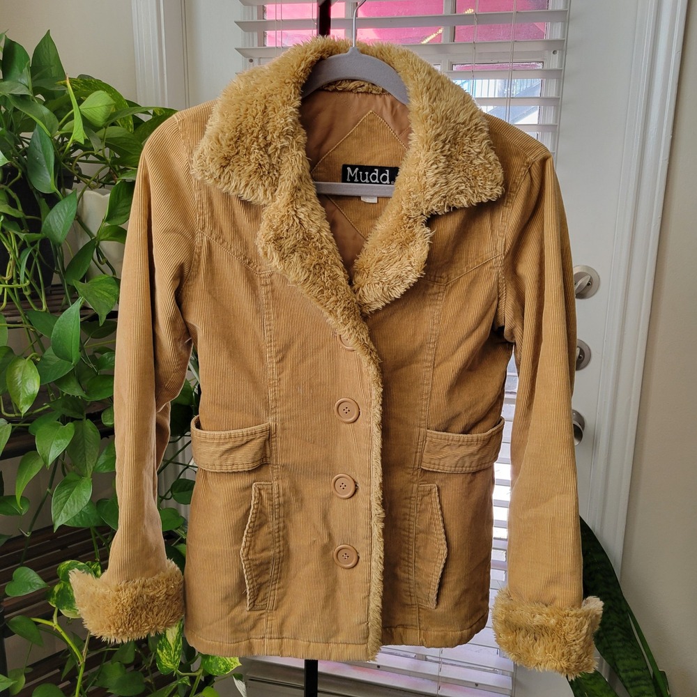 Mudd VTG Tan Corduroy Faux Fur Trim Jacket Y2K Small Coat Button Close